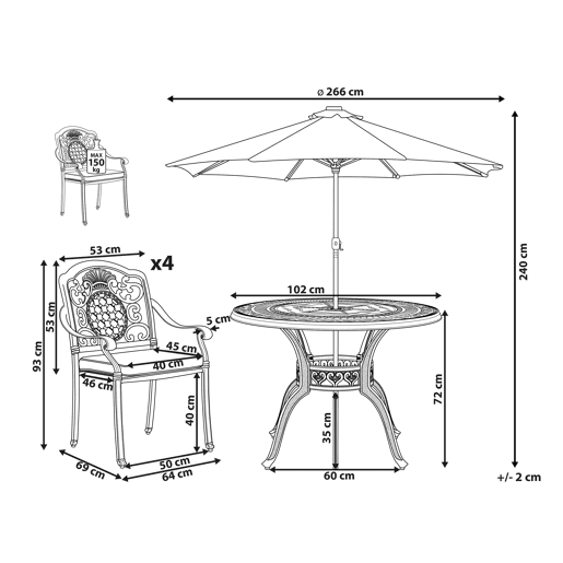 Conjunto de refeições de jardim 4 lugares SALENTO com guarda-sol (16 opções) Metal Castanho escuro Conjunto de refeições de jardim 4 lugares SALENTO com guarda-sol (16 opções) Metal Castanho escuro