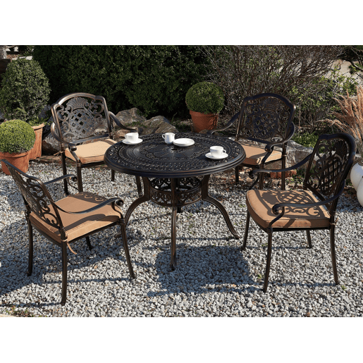 Conjunto de refeições de jardim 4 lugares SALENTO com guarda-sol (16 opções) Metal Castanho escuro Conjunto de refeições de jardim 4 lugares SALENTO com guarda-sol (16 opções) Metal Castanho escuro