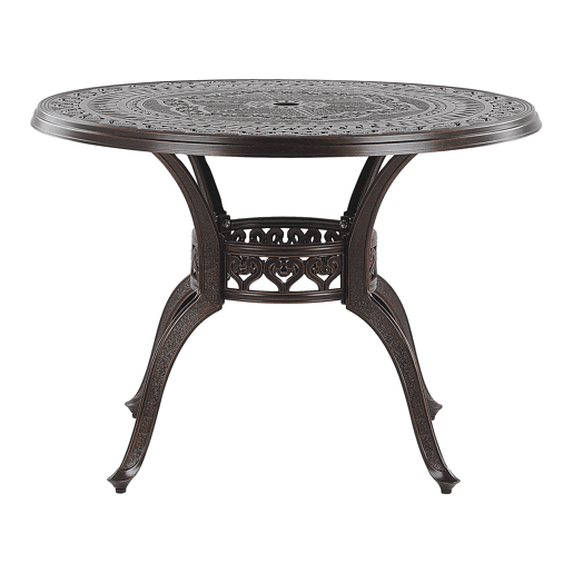 Conjunto de refeições de jardim 4 lugares SALENTO com guarda-sol (16 opções) Metal Castanho escuro Conjunto de refeições de jardim 4 lugares SALENTO com guarda-sol (16 opções) Metal Castanho escuro