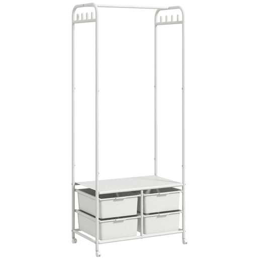HOMCOM Charriot com Sapateiro Moderno 8 Ganchos e 4 Cestos para Armazenamento Charriot de Entrada com Rodas e Estrutura de Aço para Sala de Estar Dormitório Corredor 63x37x153 cm Branco