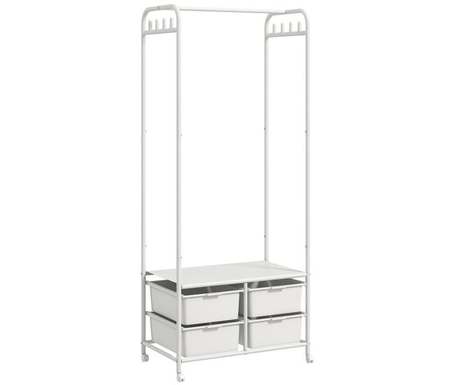 Homcom perchero con zapatero moderno con 8 ganchos 4 cestas para zapatos perchero entrada con ruedas y marco de acero para salón dormitorio pasillo 63x37x153 cm blanco