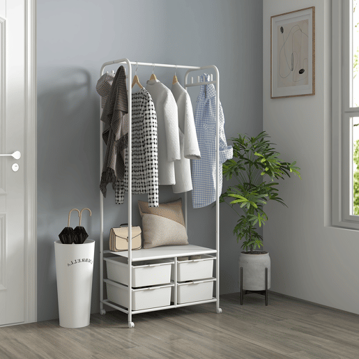 HOMCOM Charriot com Sapateiro Moderno 8 Ganchos e 4 Cestos para Armazenamento Charriot de Entrada com Rodas e Estrutura de Aço para Sala de Estar Dormitório Corredor 63x37x153 cm Branco