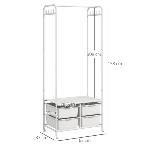 HOMCOM Charriot com Sapateiro Moderno 8 Ganchos e 4 Cestos para Armazenamento Charriot de Entrada com Rodas e Estrutura de Aço para Sala de Estar Dormitório Corredor 63x37x153 cm Branco