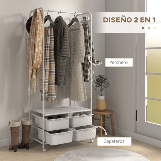 HOMCOM Charriot com Sapateiro Moderno 8 Ganchos e 4 Cestos para Armazenamento Charriot de Entrada com Rodas e Estrutura de Aço para Sala de Estar Dormitório Corredor 63x37x153 cm Branco