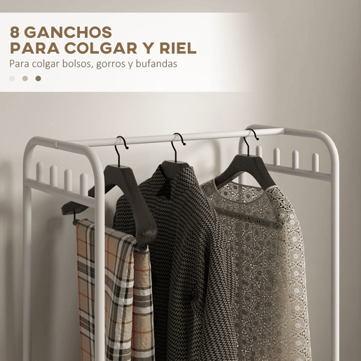 HOMCOM Charriot com Sapateiro Moderno 8 Ganchos e 4 Cestos para Armazenamento Charriot de Entrada com Rodas e Estrutura de Aço para Sala de Estar Dormitório Corredor 63x37x153 cm Branco