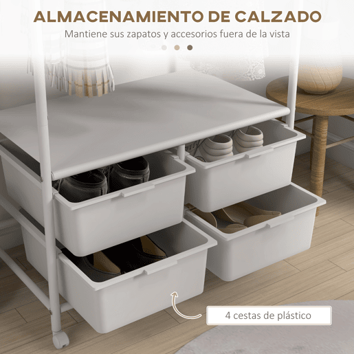 HOMCOM Charriot com Sapateiro Moderno 8 Ganchos e 4 Cestos para Armazenamento Charriot de Entrada com Rodas e Estrutura de Aço para Sala de Estar Dormitório Corredor 63x37x153 cm Branco