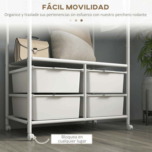 HOMCOM Charriot com Sapateiro Moderno 8 Ganchos e 4 Cestos para Armazenamento Charriot de Entrada com Rodas e Estrutura de Aço para Sala de Estar Dormitório Corredor 63x37x153 cm Branco