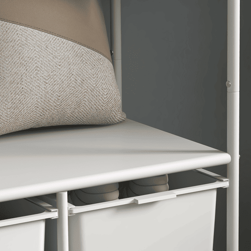 HOMCOM Charriot com Sapateiro Moderno 8 Ganchos e 4 Cestos para Armazenamento Charriot de Entrada com Rodas e Estrutura de Aço para Sala de Estar Dormitório Corredor 63x37x153 cm Branco