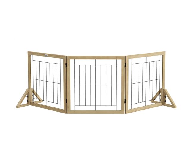 Pawhut barrera para perros de madera 210x70 cm valla para mascotas plegable de 3 paneles con plegado bidireccional y patas de apoyo triangulares para