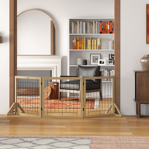 PawHut Barreira para Cães de Madeira Barreira para Animais de Estimação Dobrável com 3 Painéis e Pés de Apoio Triangulares para Porta Corredor Escada 210x44x70 cm Madeira