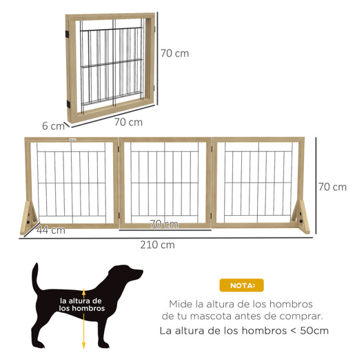 PawHut Barreira para Cães de Madeira Barreira para Animais de Estimação Dobrável com 3 Painéis e Pés de Apoio Triangulares para Porta Corredor Escada 210x44x70 cm Madeira