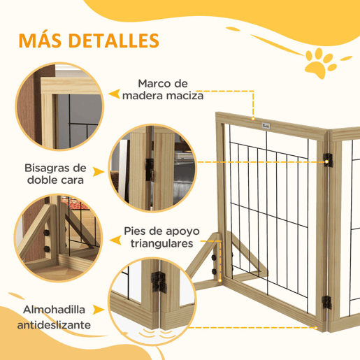 PawHut Barreira para Cães de Madeira Barreira para Animais de Estimação Dobrável com 3 Painéis e Pés de Apoio Triangulares para Porta Corredor Escada 210x44x70 cm Madeira