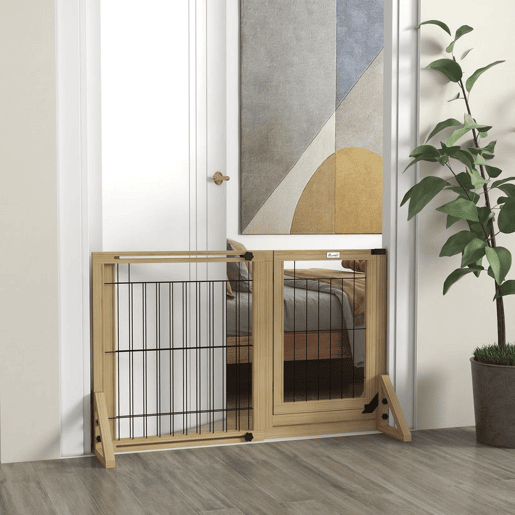 PawHut Barreira de Segurança para Cães de Madeira Barreira para Animais de Estimação Extensível de 2 Painéis com Pés de Apoio Triangular para Porta Corredor Escada 112-159x44x70 cm Madeira