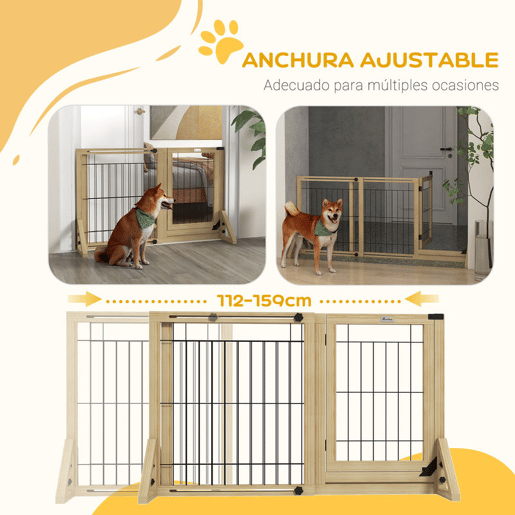 PawHut Barreira de Segurança para Cães de Madeira Barreira para Animais de Estimação Extensível de 2 Painéis com Pés de Apoio Triangular para Porta Corredor Escada 112-159x44x70 cm Madeira