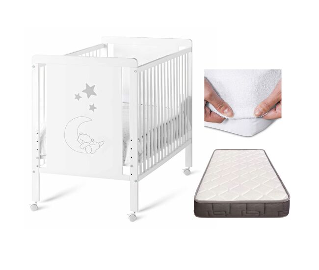 Cuna bebe indi con colchón morfeo, blanca y de madera de haya + protector de colchón