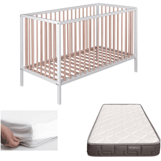 Berço Laponia com base de ripas de faia + colchão Morfeo + protetor de colchão + 4 rodas