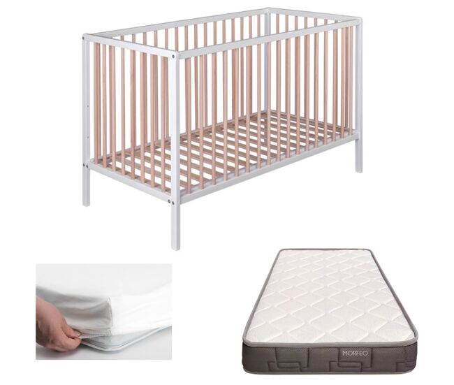 Cuna bebé laponia con somier de láminas de haya + colchón morfeo + protector colchón + 4 ruedas