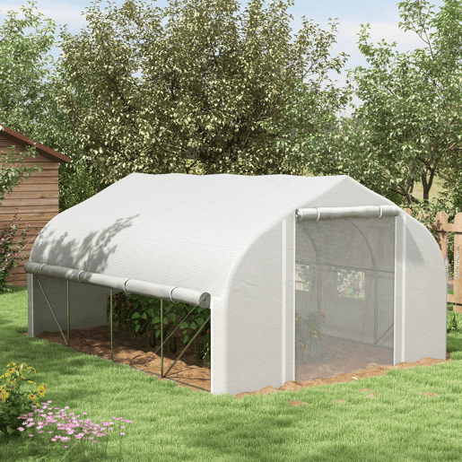 Outsunny Estufa Tipo Túnel 395x300x200 cm com Porta de Malha e 8 Janelas Estufa de Jardim com Porta e Janelas Enroláveis e Cobertura de PE para Cultivos de Plantas Verduras Branco