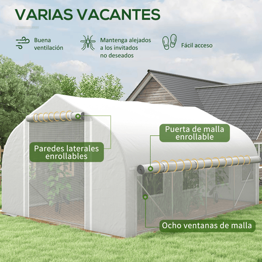 Outsunny Estufa Tipo Túnel 395x300x200 cm com Porta de Malha e 8 Janelas Estufa de Jardim com Porta e Janelas Enroláveis e Cobertura de PE para Cultivos de Plantas Verduras Branco
