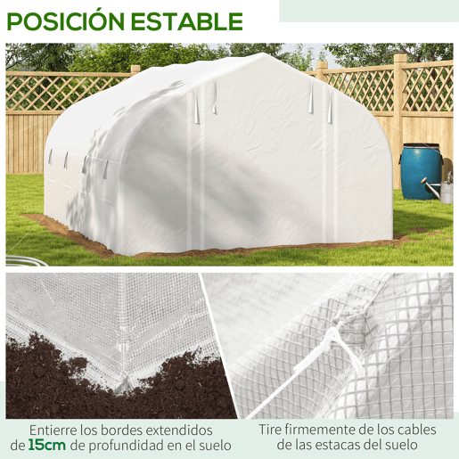 Outsunny Estufa Tipo Túnel 395x300x200 cm com Porta de Malha e 8 Janelas Estufa de Jardim com Porta e Janelas Enroláveis e Cobertura de PE para Cultivos de Plantas Verduras Branco