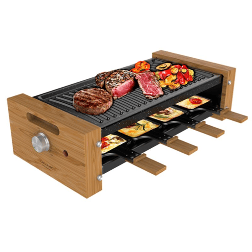 Cecotec Máquina de raclette para 8 pessoas com grill de 1200 W. Com estrutura de madeira, termóstato ajustável e placa antiaderente e uma superfície de aço com revestimento de alta qualidade. Inclui 8 panelas pequenas antiaderentes. Cecotec Máquina de raclette para 8 pessoas com grill de 1200 W. Com estrutura de madeira, termóstato ajustável e placa antiaderente e uma superfície de aço com revestimento de alta qualidade. Inclui 8 panelas pequenas antiaderentes.