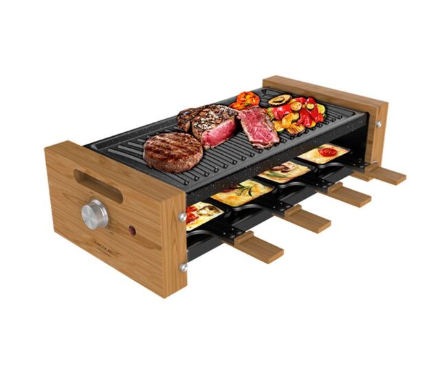 Cecotec raclette de madera cheese&grill 8200 wood black. 1200 w, superficie grill, 8 sartenes individuales, placa antiadherente