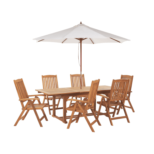 Conjunto de refeições de jardim 6 lugares JAVA com guarda-sol (12 opções) Madeira de acácia Castanho claro