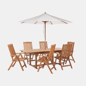 Conjunto de refeições de jardim 6 lugares JAVA com guarda-sol (12 opções) Madeira de acácia Castanho claro
