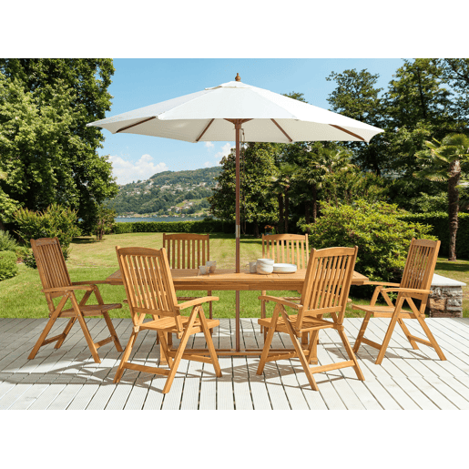 Conjunto de refeições de jardim 6 lugares JAVA com guarda-sol (12 opções) Madeira de acácia Castanho claro
