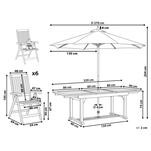 Conjunto de refeições de jardim 6 lugares JAVA com guarda-sol (12 opções) Madeira de acácia Castanho claro