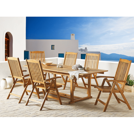 Conjunto de refeições de jardim 6 lugares JAVA com guarda-sol (12 opções) Madeira de acácia Castanho claro
