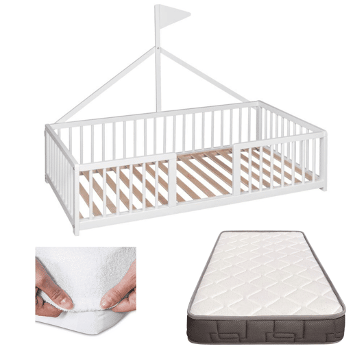 Cama tepee Montessori Apache Wonderland 140x70 em madeira de faia e cor branca + colchão Morfeo + protetor de colchão