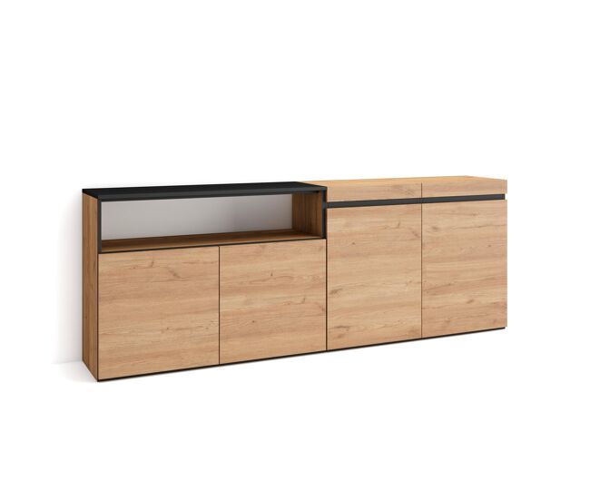 Aparador para salón, gran capacidad de almacenaje, 200x35x75cm, 4 puertas, armario, zapatero, estilo moderno, roble y negro
