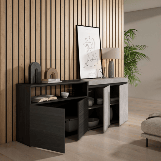 Aparador sala de jantar, Sala, Cozinha, Entrada, TV, 200x35x75cm, 4 Portas, Armário arrumação, Estilo moderno, Cimento Aparador sala de jantar, Sala, Cozinha, Entrada, TV, 200x35x75cm, 4 Portas, Armário arrumação, Estilo moderno, Cimento