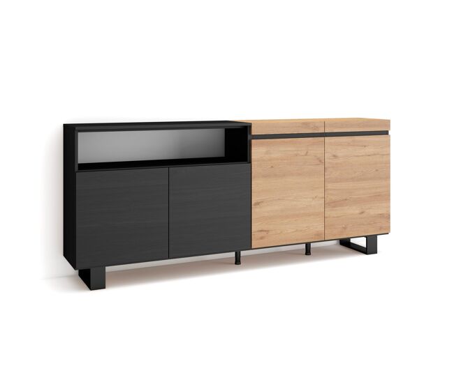 Aparador para salón, gran capacidad de almacenaje, 200x35x87cm, 4 puertas, diseño industrial, estilo moderno, roble y negro