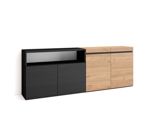 Aparador para salón, gran capacidad de almacenaje, 200x35x75cm, 4 puertas, armario, zapatero, estilo moderno, roble y negro