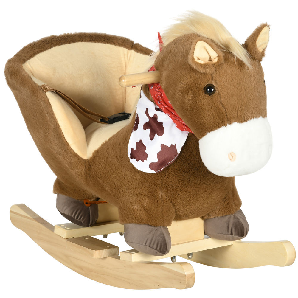 Homcom caballito balancín para bebés 18-36 meses caballo balancín con sonidos de animal cinturón de seguridad manillar y reposapiés carga 40 kg 60x33x50 cm café