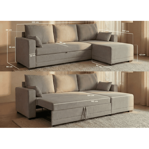 Sofá-Cama Chaise Longue Reversível BUDWING Leah Cinza Claro - 3 Lugares - 233x124x69 cm