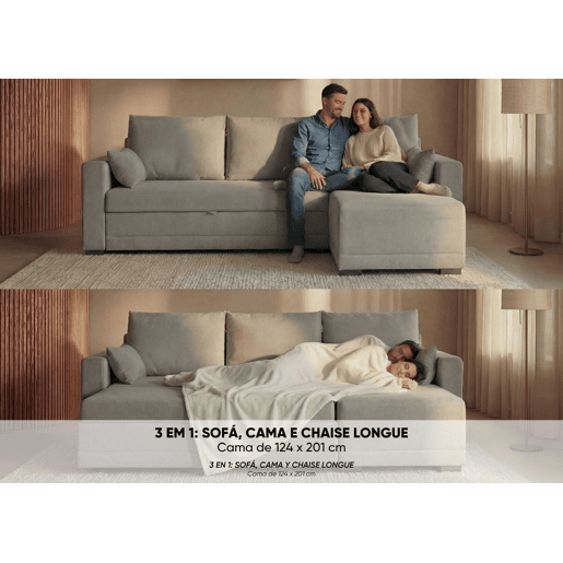 Sofá-Cama Chaise Longue Reversível BUDWING Leah Cinza Claro - 3 Lugares - 233x124x69 cm