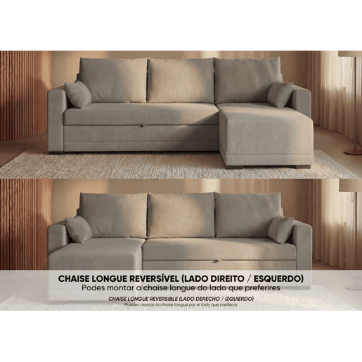 Sofá-Cama Chaise Longue Reversível BUDWING Leah Cinza Claro - 3 Lugares - 233x124x69 cm