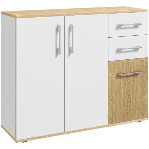 HOMCOM Aparador Sala de Estar Moderno Aparador de Cozinha com 2 Gavetas 2 Armários e Prateleiras Ajustáveis para Dormitório Sala de Jantar Entrada 90x30x75,5 cm Branco e Madeira