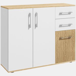 HOMCOM Aparador Sala de Estar Moderno Aparador de Cozinha com 2 Gavetas 2 Armários e Prateleiras Ajustáveis para Dormitório Sala de Jantar Entrada 90x30x75,5 cm Branco e Madeira
