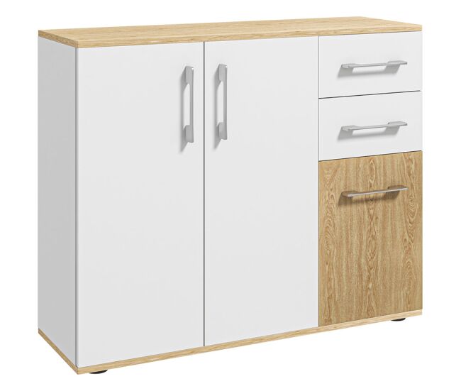 Homcom aparador de 3 puertas, aparador de salón estrecho con 2 cajones, armario de cocina con estante ajustable, para entrada, dormitorio, 90x30x75,5 cm, blanco y natural