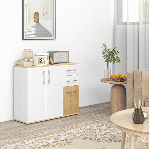 HOMCOM Aparador Sala de Estar Moderno Aparador de Cozinha com 2 Gavetas 2 Armários e Prateleiras Ajustáveis para Dormitório Sala de Jantar Entrada 90x30x75,5 cm Branco e Madeira