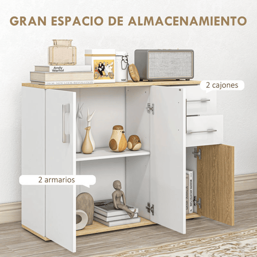 HOMCOM Aparador Sala de Estar Moderno Aparador de Cozinha com 2 Gavetas 2 Armários e Prateleiras Ajustáveis para Dormitório Sala de Jantar Entrada 90x30x75,5 cm Branco e Madeira