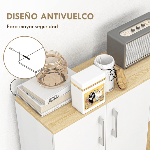 HOMCOM Aparador Sala de Estar Moderno Aparador de Cozinha com 2 Gavetas 2 Armários e Prateleiras Ajustáveis para Dormitório Sala de Jantar Entrada 90x30x75,5 cm Branco e Madeira