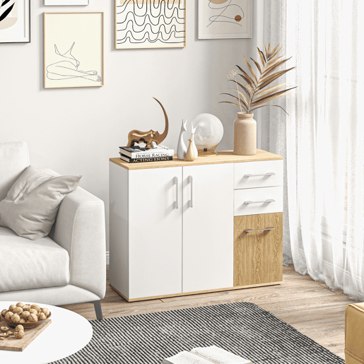 HOMCOM Aparador Sala de Estar Moderno Aparador de Cozinha com 2 Gavetas 2 Armários e Prateleiras Ajustáveis para Dormitório Sala de Jantar Entrada 90x30x75,5 cm Branco e Madeira