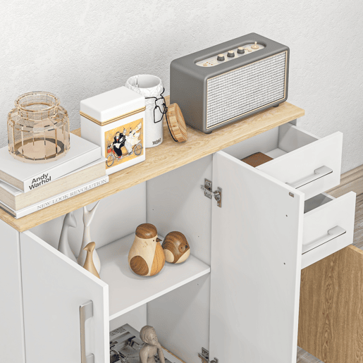 HOMCOM Aparador Sala de Estar Moderno Aparador de Cozinha com 2 Gavetas 2 Armários e Prateleiras Ajustáveis para Dormitório Sala de Jantar Entrada 90x30x75,5 cm Branco e Madeira