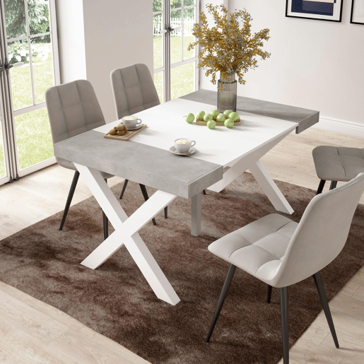 Mesa Consola Extensível, Cozinha, Sala de jantar, 140x90x73cm, Para 6 pessoas, Pés de madeira, Estilo moderno, Branco e cinzento