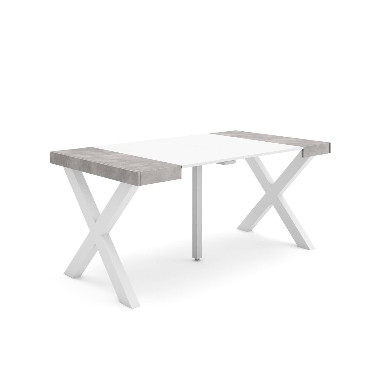 Mesa consola extensible, mesa comedor plegable, 160x90x73cm, para 8 comensales, patas madera maciza, estilo moderno, blanco y cemento